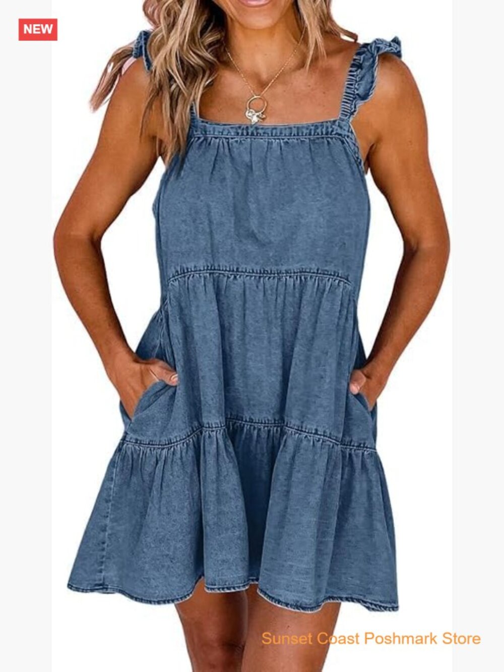 Womens Sleeveless Denim Babydoll Dress Square Neck Ruffle Trim A-Line Mini with